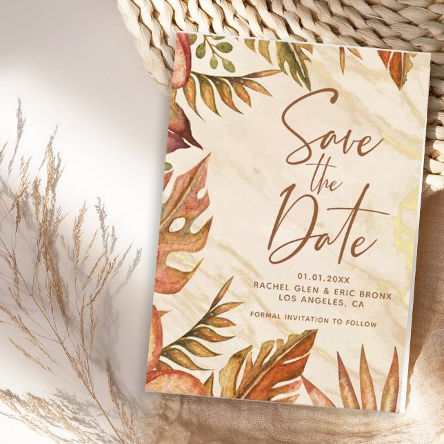 Rustic Autumn Botanical Marble Save the Date Card (Creator Uploaded)