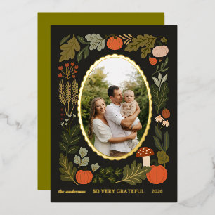 Rustic Autumn Botanical Thanksgiving Family Photo Foil Holiday Card
