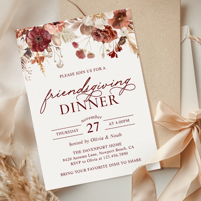 Rustic Autumn Burgundy Floral Friendsgiving Dinner Invitation (Creator Uploaded)
