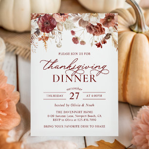 Rustic Autumn Burgundy Floral Thanksgiving Dinner Invitation