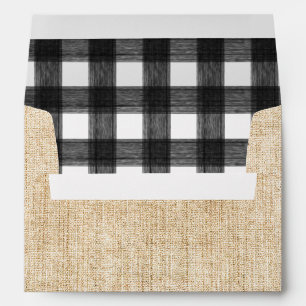 Rustic Autumn Burlap and Black White Gingham Plaid Envelope