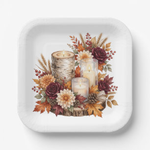 Rustic Autumn Candle Floral Centerpiece Paper Plate