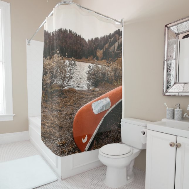 Rustic Autumn Canoe // Dusk Lit Gray Shower Curtain (In Situ)