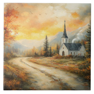 Rustic Autumn Church Watercolor Painting Ceramic Tile