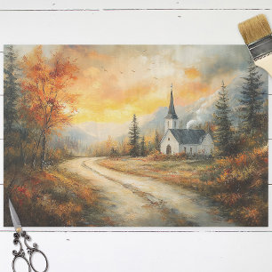 Rustic Autumn Church Watercolor Painting Decoupage Tissue Paper