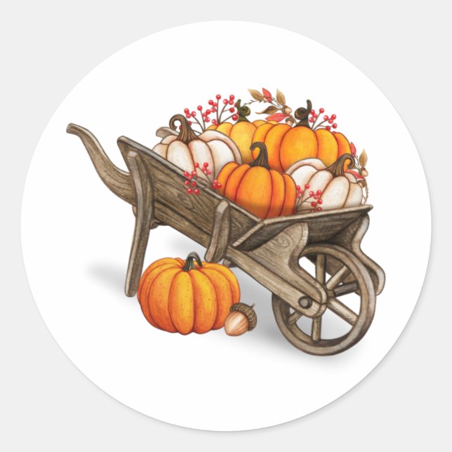 Rustic Autumn Country Wooden Wagon with Pumpkins Classic Round Sticker (Front)