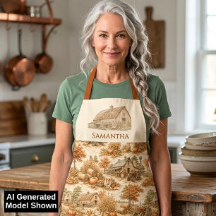 Rustic Autumn Countryside Toile Custom Name Apron