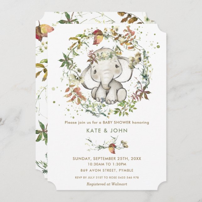 Rustic Autumn Elephant Gender Neutral Baby Shower Invitation (Front/Back)