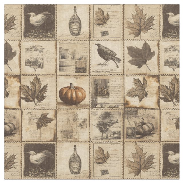 Rustic Autumn Ephemera Collage | Warm Earthy (2) Fabric (Close Up)