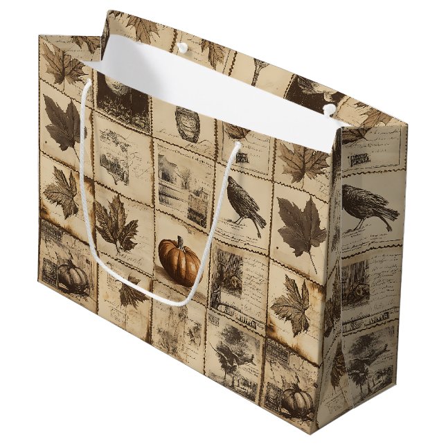 Rustic Autumn Ephemera Collage | Warm Earthy (2) Large Gift Bag (Front Angled)