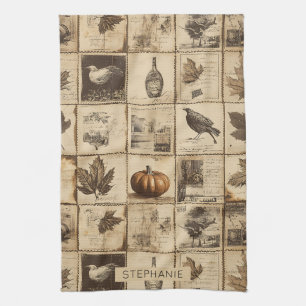 Rustic Autumn Ephemera Collage Warm Earthy (2) Tea Towel