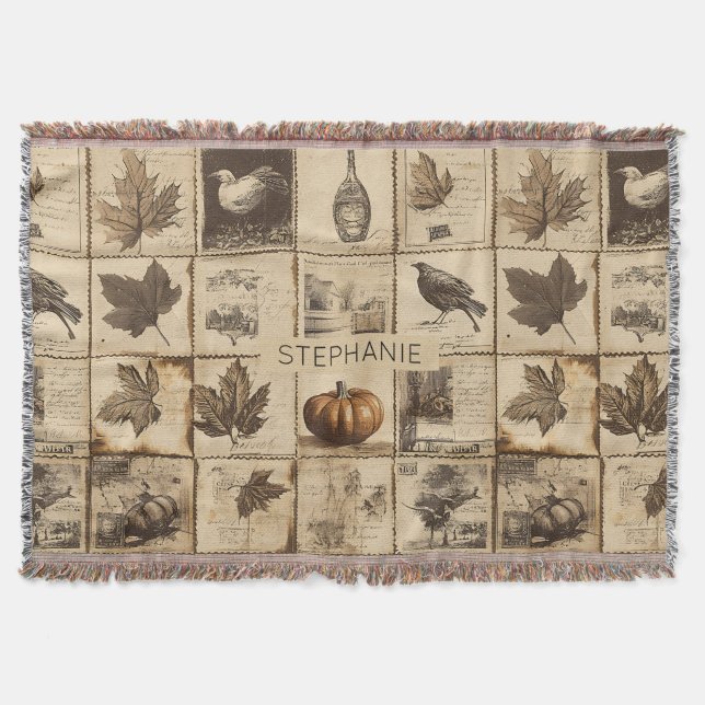 Rustic Autumn Ephemera Collage | Warm Earthy (2) Throw Blanket (Front)