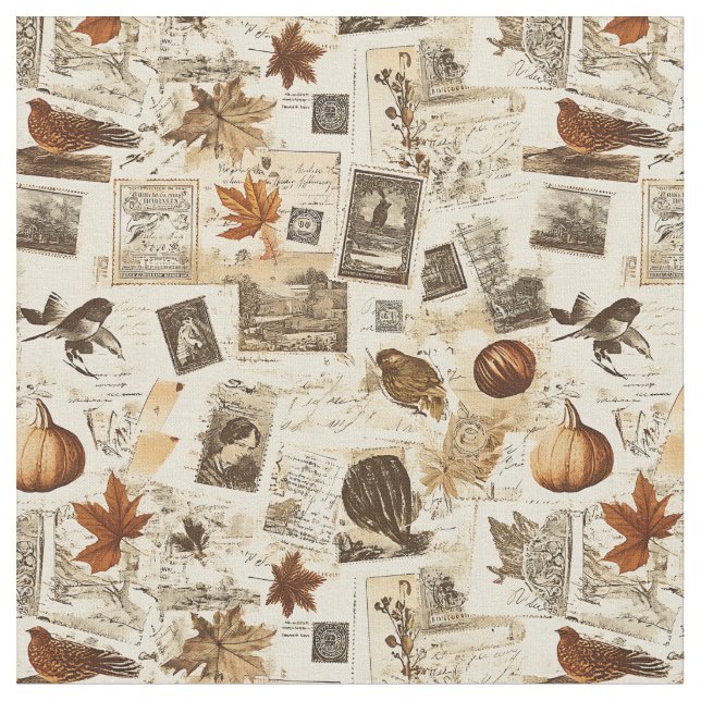 Rustic Autumn Ephemera Collage | Warm Earthy Fabric (Close Up)