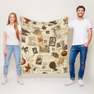 Rustic Autumn Ephemera Collage   Warm Earthy Fleece Blanket