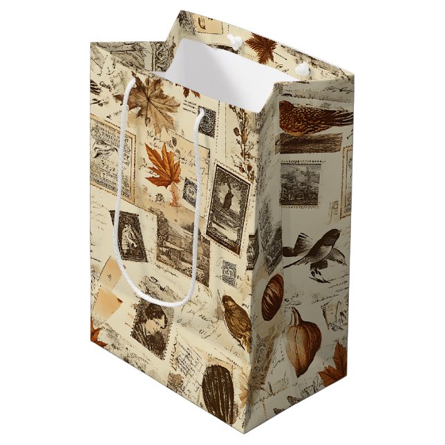 Rustic Autumn Ephemera Collage | Warm Earthy Medium Gift Bag (Front Angled)