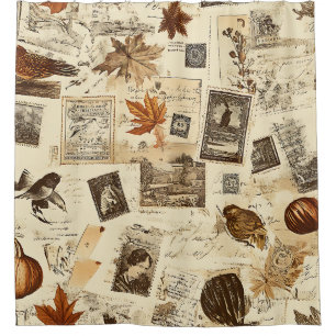Rustic Autumn Ephemera Collage Warm Earthy Shower Curtain