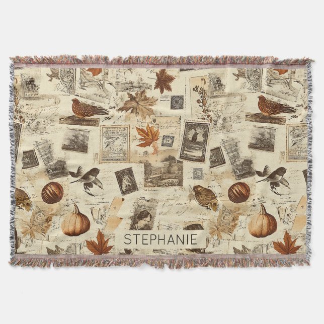 Rustic Autumn Ephemera Collage | Warm Earthy Throw Blanket (Front)
