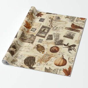 Rustic Autumn Ephemera Collage   Warm Earthy Wrapping Paper