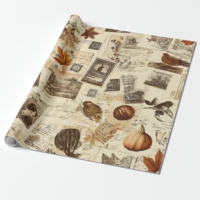 Rustic Autumn Ephemera Collage | Warm Earthy Wrapping Paper (Unrolled)