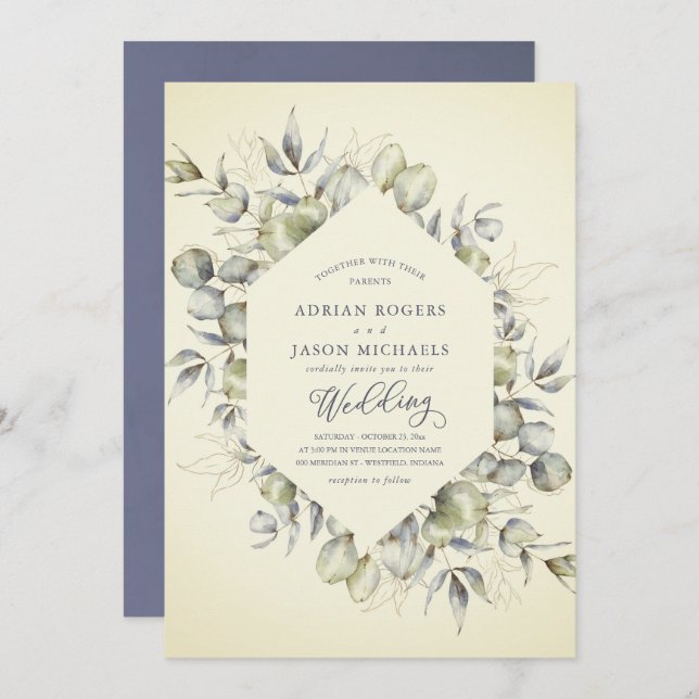 Rustic Autumn Eucalyptus With Blue Wash Frame Invitation (Front/Back)