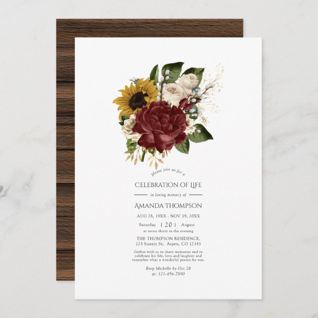 Rustic Autumn - Fall Floral Celebration of Life Invitation (Front/Back)
