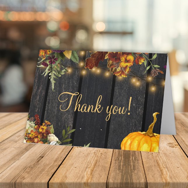Rustic autumn fall floral gold script barn wood thank you card (Creator Uploaded)
