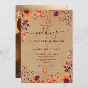 Rustic Autumn Fall Floral Leaves Photo Wedding Invitation