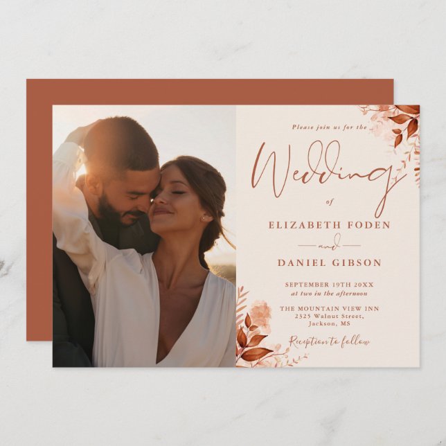 Rustic Autumn Fall Floral Photo Wedding Invitation (Front/Back)