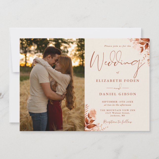 Rustic Autumn Fall Floral QR Code Photo Wedding Invitation (Front)