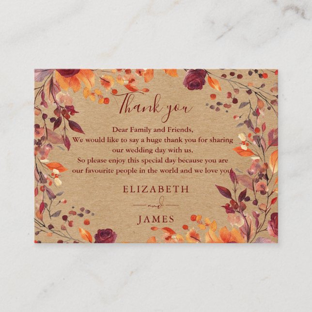 Rustic Autumn Fall Floral Wedding Thank You Place Card (Front)