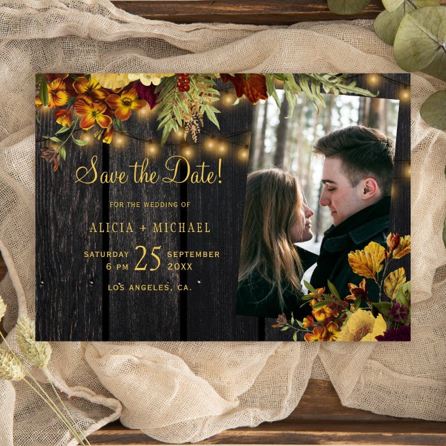 Rustic autumn fall floral wood photo wedding save the date (Creator Uploaded)