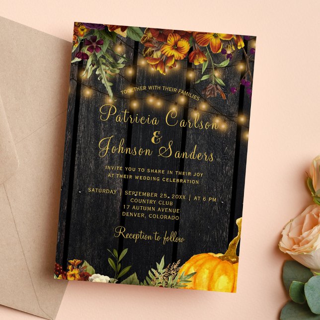 Rustic autumn fall floral wood pumpkin wedding invitation (Creator Uploaded)