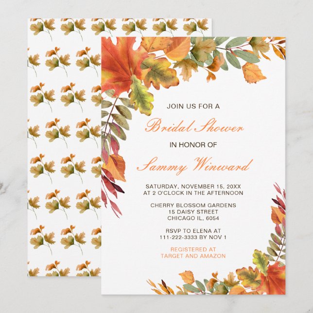Rustic Autumn Fall Leaves Bridal Shower Invitation (Front/Back)