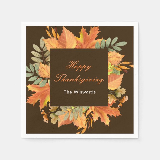 Rustic Autumn Fall Leaves Square Thanksgiving  Napkin (Front)