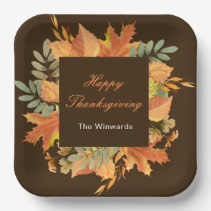 Rustic Autumn Fall Leaves Square Thanksgiving  Paper Plate