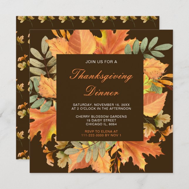 Rustic Autumn Fall Leaves Thanksgiving Party Invitation (Front/Back)