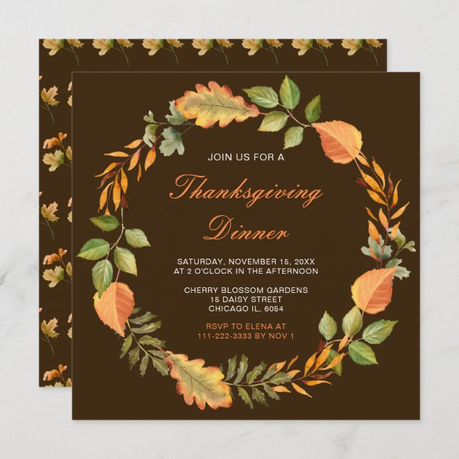 Rustic Autumn Fall Leaves Thanksgiving Party Invitation (Front/Back)