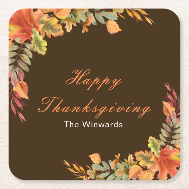 Rustic Autumn Fall Leaves Thanksgiving Party Square Paper Coaster (Front)