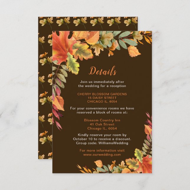 Rustic Autumn Fall Leaves Wedding Details Enclosure Card (Front/Back)