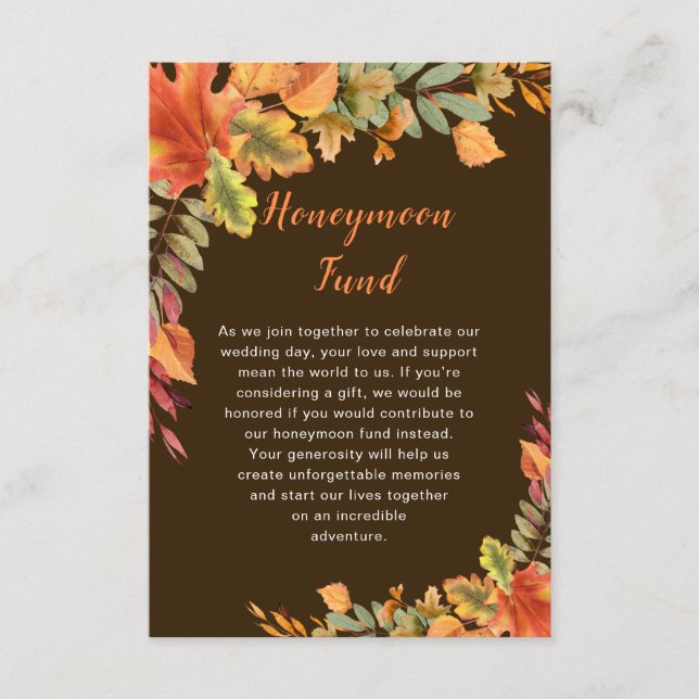 Rustic Autumn Fall Leaves Wedding Honeymoon Fund Enclosure Card (Front)