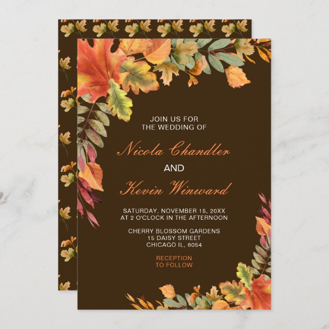 Rustic Autumn Fall Leaves Wedding Invitation (Front/Back)