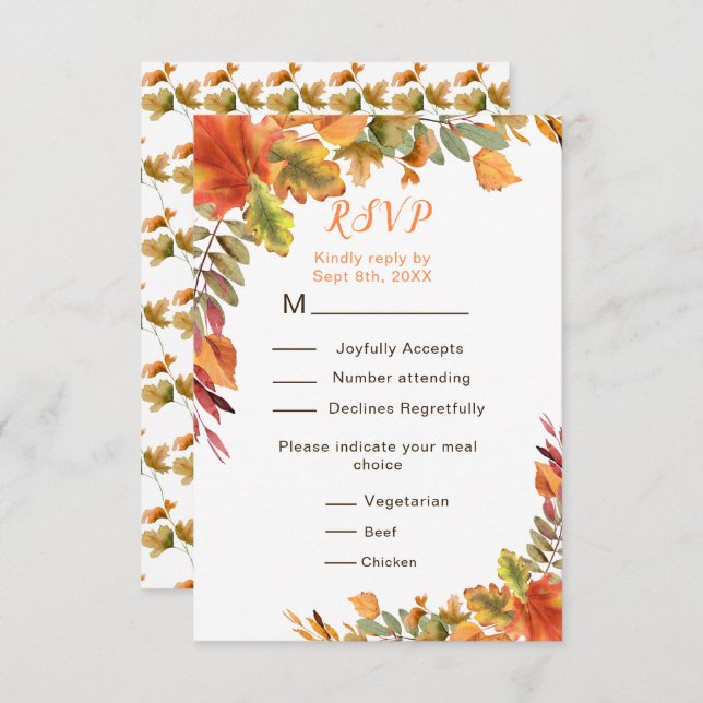 Rustic Autumn Fall Leaves Wedding Reception RSVP Card (Front/Back)