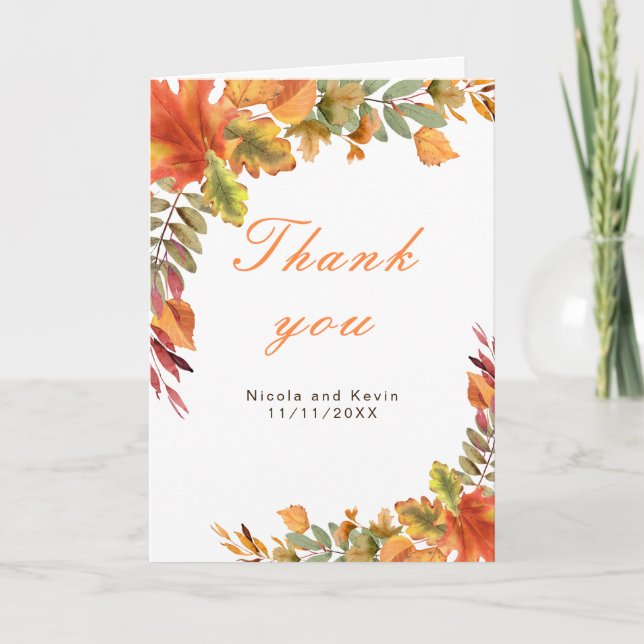 Rustic Autumn Fall Leaves Wedding Thank You Card (Front)