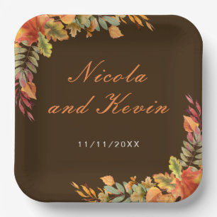 Rustic Autumn Fall Leaves Wedding Thank You Paper Plate