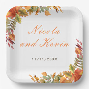 Rustic Autumn Fall Leaves Wedding Thank You Paper Plate