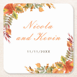 Rustic Autumn Fall Leaves Wedding Thank You Square Paper Coaster