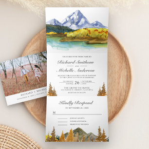 Rustic Autumn Fall Mountain Forest Lake Wedding Tri-Fold Invitation