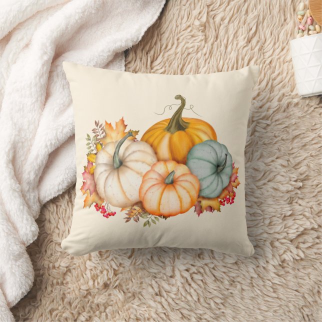 Rustic Autumn Fall Orange Blue Pumpkins Cushion (Blanket)