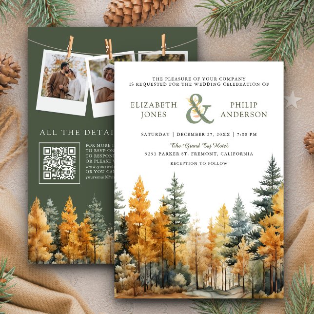 Rustic Autumn Fall Pine Trees QR Code Wedding Invitation (Creator Uploaded)