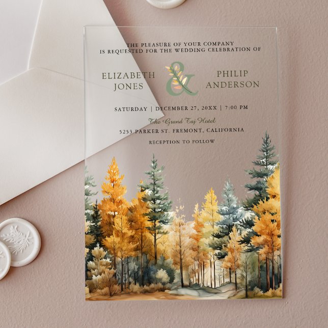 Rustic Autumn Fall Pine Trees Wedding Acrylic Invitations (Creator Uploaded)